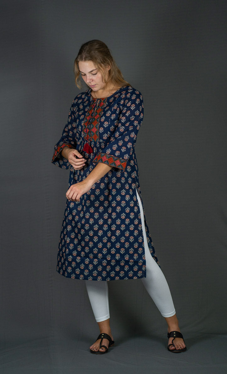 Bell Sleeved Flared Kurta with Embroidery