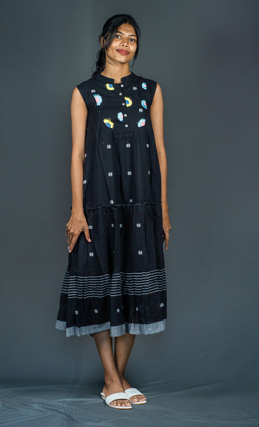 Sleeveless Dress with Floral Embroidery, Black