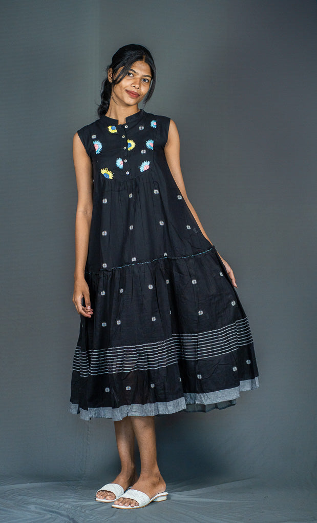 Sleeveless Dress with Floral Embroidery, Black