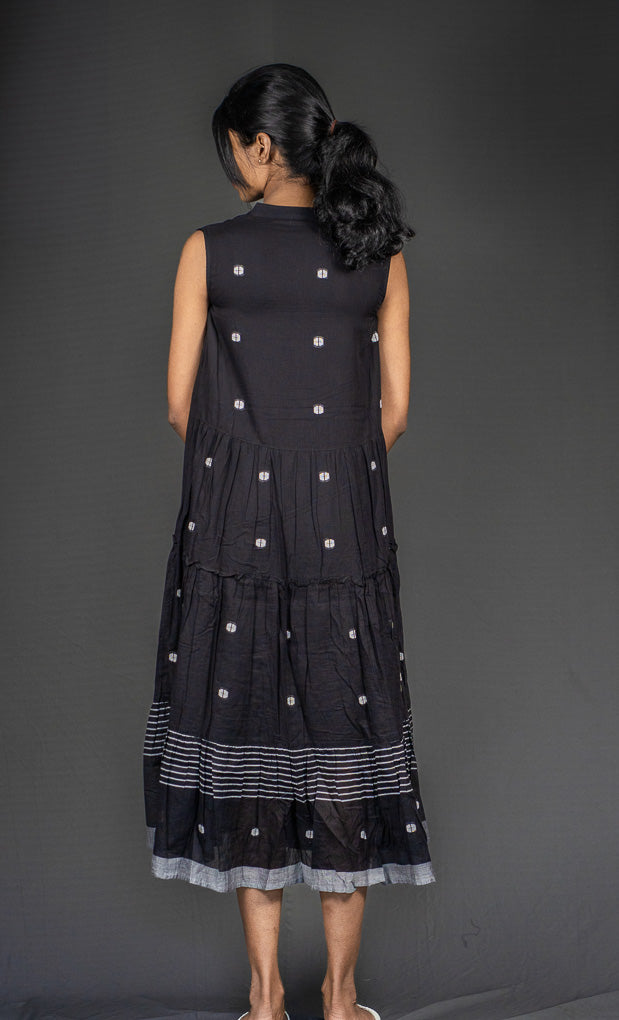 Sleeveless Dress with Floral Embroidery, Black