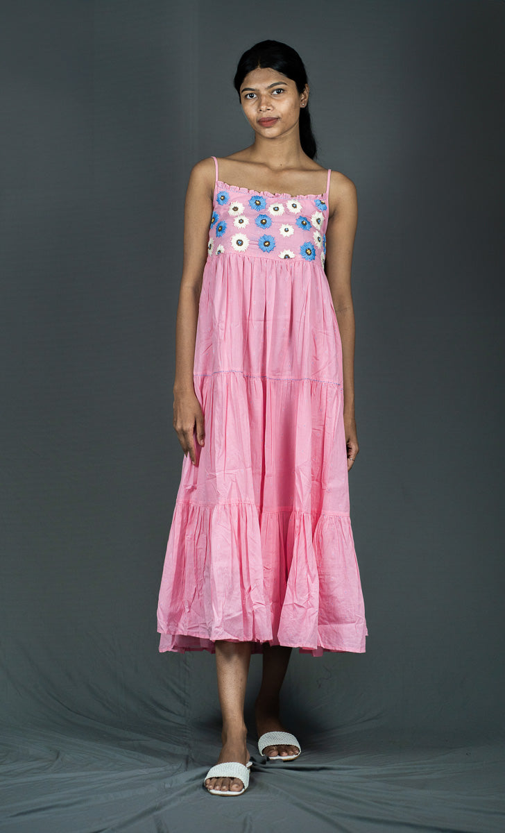 Tiered Cotton Dress, Spaghetti Straps with Embroidery