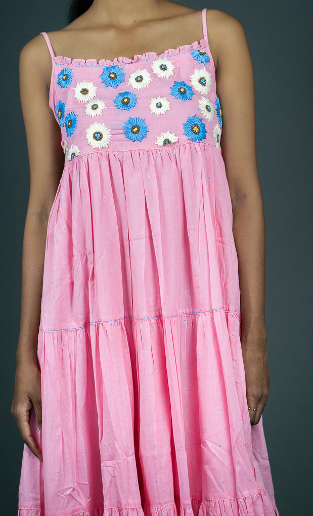 Tiered Cotton Dress, Spaghetti Straps with Embroidery