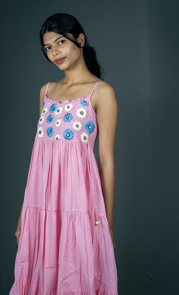 Tiered Cotton Dress, Spaghetti Straps with Embroidery